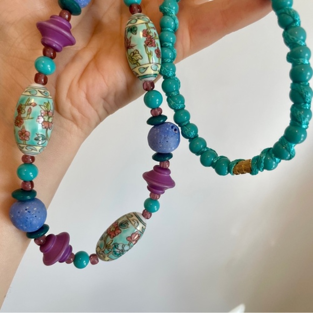 Vintage Chinese Porcelain Hand Painted Necklace Floral Silk Teal Purple Enamel - Picture 3 of 7